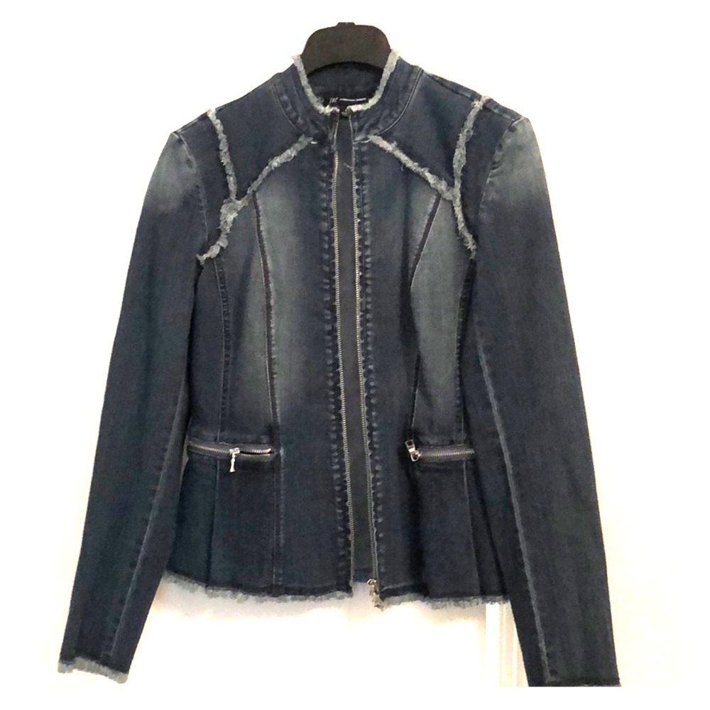 Denim zip front lace up back jacket by INC
